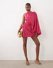 one-shoulder blouson mini dress with cut-out waist in magenta