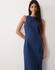 denim fitted midi dress in rich mid blue