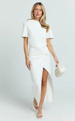 Tonya Maxi Dress - Square Shoulder Twist Leg Split Dress in White