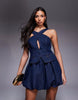 ASOS LUXE denim cross front mini dress with bubble hem skirt in indigo wash