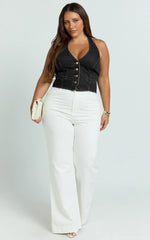 Walton Vest - Halter Neck Button Down Crop Recycled Denim Vest in Clean Black Wash Panel