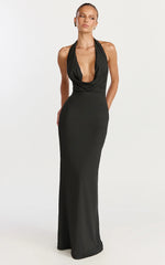 Sylvana Maxi Dress - Cowl Halter Neck Bodycon Dress in Black