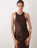 satin racer neck maxi dress with split in chocolate brown