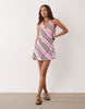 Petite cotton halter neck mini wrap dress in pink stripes