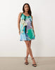 Petite bias cut scoop neck low back satin mini dress in blue & red abstract floral