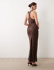 satin racer neck maxi dress with split in chocolate brown