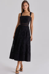 black cotton placement broderie anglaise midi dress