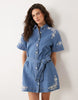 Miss Selfridge embroidered denim dress with belt in blue wash