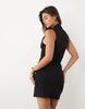 plunge front grown-on neck mini dress in black
