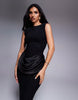 Wanderdoll Eman sleeveless slash neck satin draped waist detail bodycon maxi dress in black