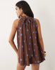 bow detail mini dress in brown and blue spot