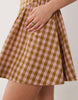 waisted V-neck mini sundress with seaming details in brown and pink check