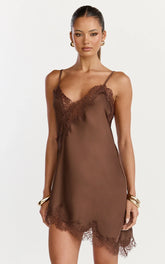 Iris Mini Dress - Lace Trim Asymmetrical Camisole Dress in Chocolate