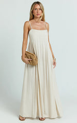 Yanna Midi Dress - Square Neckline Pleated Dress in Beige