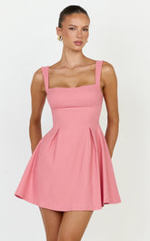 Ida Mini Dress - Wide Strap Straight Neck Bow Back Dress in Pink