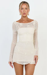 Hinata Mini Dress - Crochet Flared Sleeve Fit And Flare Dress in Ivory