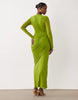 mesh deep plunge neck long sleeve midi dress with draping in green