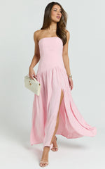 Nadiane Midi Dress - Strapless Asymmetric Drop Waist Dress in Pink