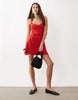 rib knit seam detailing halter neck mini dress in red