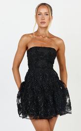 Marzy Mini Dress - Strapless Floral Detail Lace Fit and Flare Dress in Black