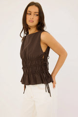 Luck & Trouble Verona Ruched Side Tie Top Chocolate