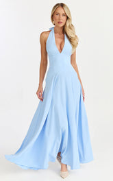 Poppy Maxi Dress - Contrast Skirt Deep Plunge Halter Dress in Blue
