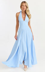 Poppy Maxi Dress - Contrast Skirt Deep Plunge Halter Dress in Blue