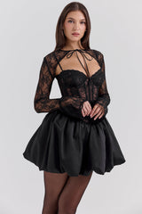 black lace puffball mini dress