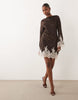 TFNC satin slash neck long sleeve lace detail mini dress in chocolate