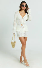 Henrietta Top - Long Sleeve Button Front V Neck Knit Top in Off White