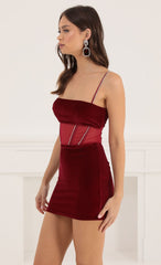 Velvet Rhinestone Corset Dress in Red