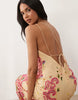 cutwork floral printed one shoulder bias cut maxi dress