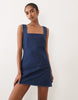 denim square neck mini dress in mid blue