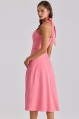 raspberry cotton halter neck midi dress