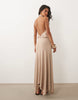 halter neck hanky hem midi dress in chocolate