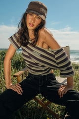 Rusty It's Not On Purpose Off Shoulder Tee Yellow/Navy Stripe