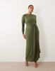 TFNC Plus slinky slash neck drape front maxi dress in olive