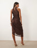 lace maxi dress with ruched cut out detail in chocolate