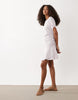 short sleeve mini dress with ruched tie waist detailing in pink and blue stripes