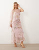draped batwing asymmetric one-sleeve maxi dress in pink floral