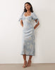 Hope & Ivy satin jacquard lace trim tie sleeve midi dress in pale blue