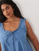 Curve denim ruffle detail mini dress with pockets in mid blue