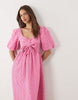 YAS puff sleeve bow front textured midi dress in pink