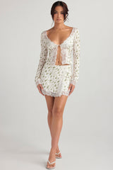 garden print lace trim mini skirt