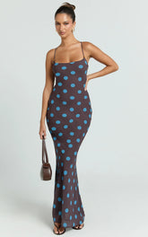 Krishna Maxi Dress - Strappy Scoop Neck Floral Placement Print Georgette Dress in Polka Dot Print