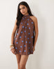 bow detail mini dress in brown and blue spot