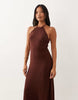 Miss Selfridge Petite linen blend halter neck maxi dress in chocolate