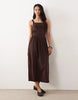 square neck ruched bodice midi dress in chocolate