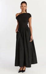 Jhamie Midi Dress - One Shoulder Contrast Skirt Dress in Black