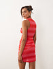 Ruched & Ready mesh cross front racer neck draped waist detail mini dress in red and pink ombré stripes